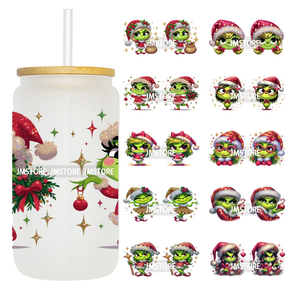 Faux Glitter Christmas Girl Green Guy UV DTF Stickers Ready To Apply Cup Wrap Custom Labels DIY Craft For Libbey Glass Can Mugs
