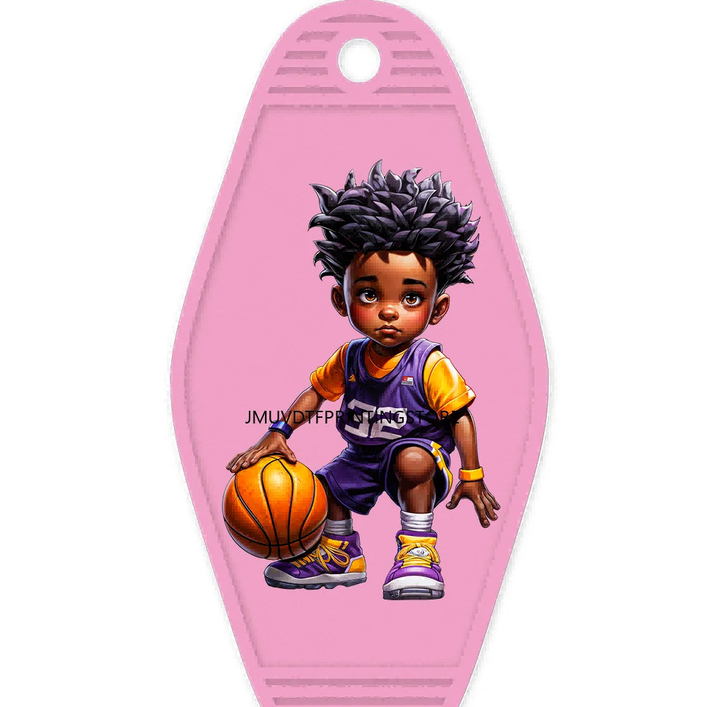 Sport Basketball Football School Black Boys High Quality WaterProof UV DTF Sticker For Motel Hotel Keychain