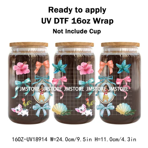 Coquette Bow Cartoon Princess Mirror UV DTF Cup Wrap Ready To Apply Transfer Stickers Waterproof Logo For 16OZ Libbey Glass Can