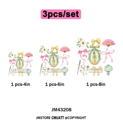 Colorful Girly Coquette Cartoon Princess Family Trip Iron on Washable DTF Heat Transfers Stickers Ready to Press for Clothing