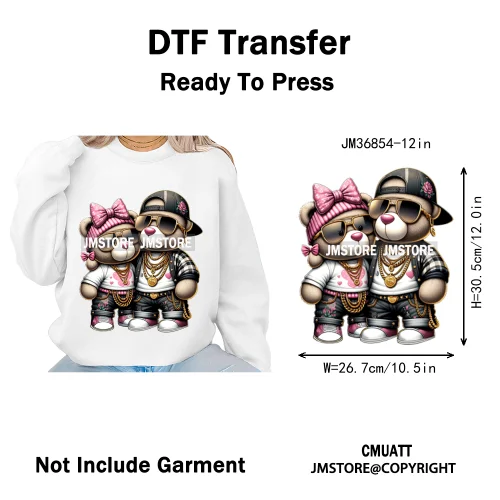 12in Girls Female Teddy Bear Duck Urban Sneakers Animal Washable Iron on DTF Transfers Stickers Ready to Press for T-shirts Bags