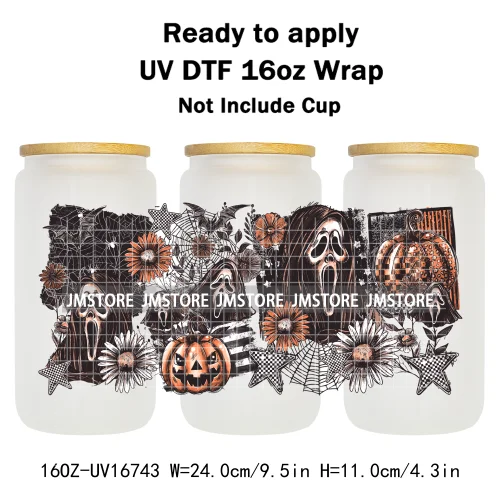 Retro Halloween Neon Scary Movie Character 16OZ UV DTF Cup Wrap Ready To Apply Waterproof Transfer Stickers For Libbey Glass Can
