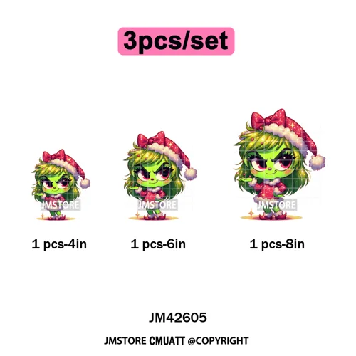 Faux Glitter Cartoon Christmas Movie Green Santa Kid Girly Xmas Iron on DTF Washable Transfer Sticker Ready to Press for Textile