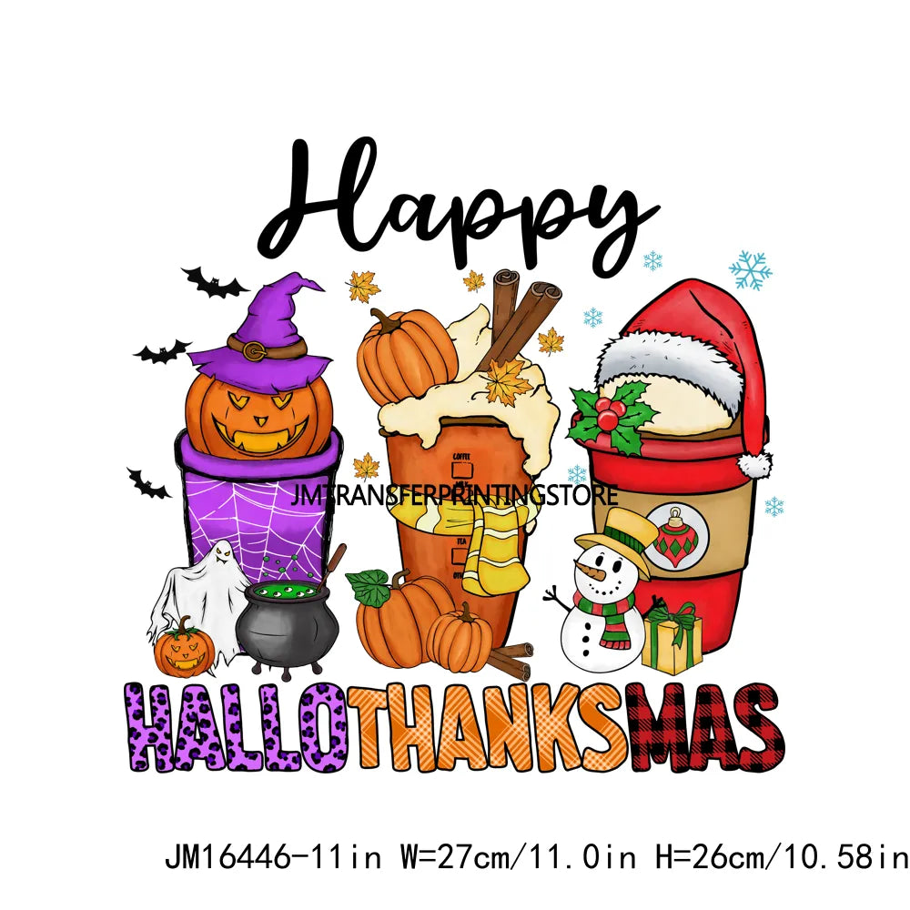 Eat Drink And Be Thankful Hallothanksmas Decals Santa Gnome Coffee Cup Animal Pumpkin Iron On DTF Transfer Sticker For Clothing