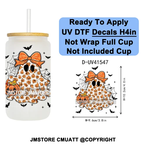 Spooky Highland Cow Halloween Ghosts Pumpkin UV DTF Decals Ready To Apply Waterproof Transfer Stickers For 16OZ Libbey Glass Can