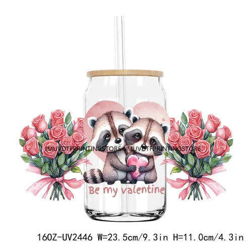 Valentine's Day Animals With Rose 16OZ UV DTF Cup Wrap Transfers Stickers Custom Labels DIY Waterproof Logo For Libbey Glass Can