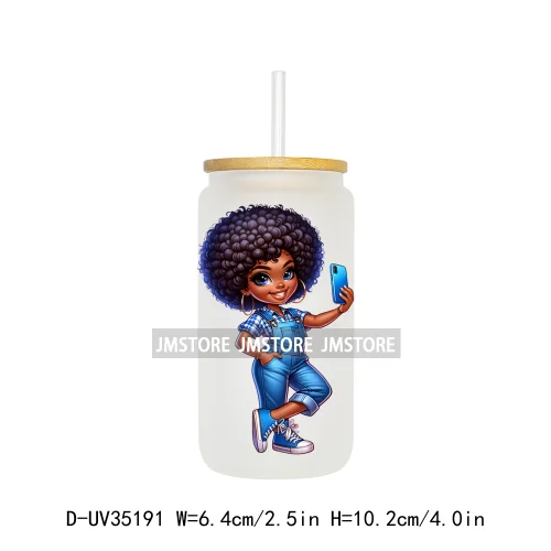 Fashion Black Chibi Denim Girl UV DTF Transfer Stickers Decals Ready To Apply Waterproof For 16OZ Libbey Glass Can Cup Tumbler