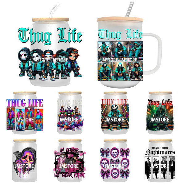 Thug Life Horror Movie Scary Halloween UV DTF Transfer Stickers Decals For Libbey Cold Cups Mugs Tumbler Coquette Bow Friends