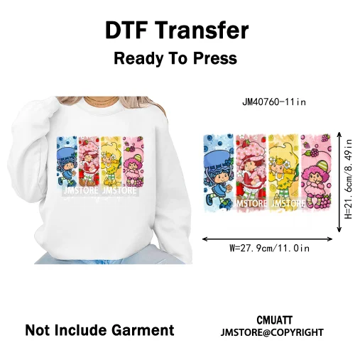Sweet Strawberry Friends 80s Girl Cartoon Pink Coquette Bows Iron on DTF Washable Transfers Stickers Ready to Press for Clothing