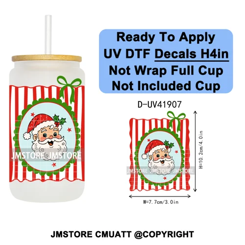 Preppy Christmas Stamps Xmas Card UV DTF Transfer Stickers Decals Ready To Apply Waterproof For 16OZ Libbey Glass Can Tumbler