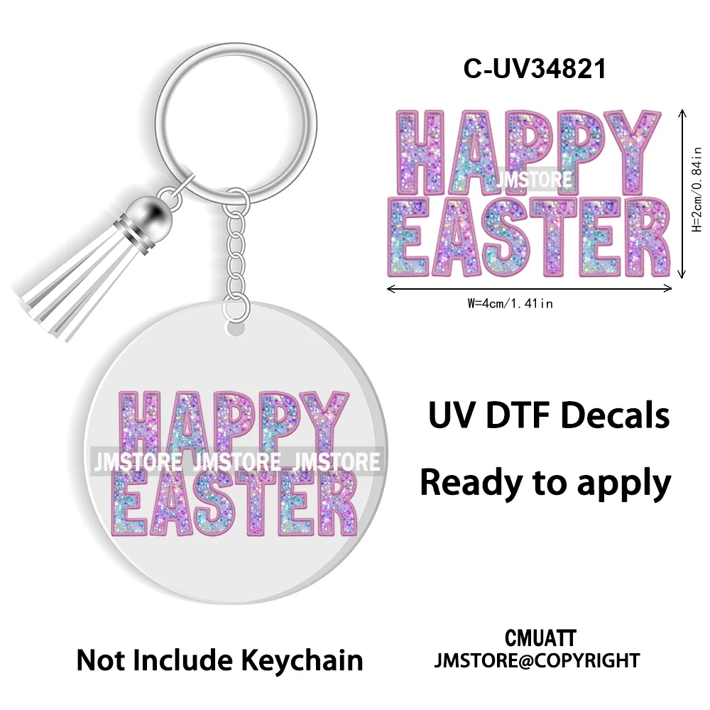 Faux Sequin Glitter Happy Easter Bow Retro Easter Bunny Blowing Bubble UV DTF Stickers for Round Circle Acrylic Keychain Keyring