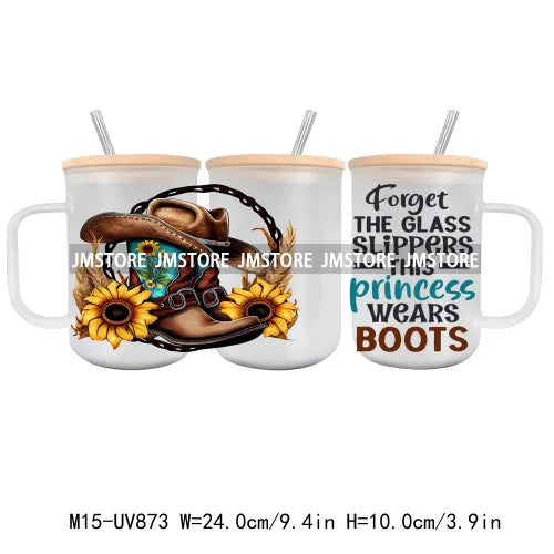 Western Cowgirl Boots UV DTF Glass Can Wrap For 15OZ Mug Coffee Cup Transfer Stickers DIY Custom Logo Labels Country Music