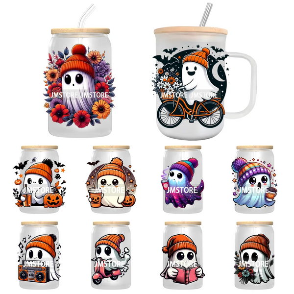 Cute Bougie Ghost Boo Halloween UV DTF Transfer Stickers Decals For Libbey Cold Cup Mug Tumbler High Quality Fall Pumpkin Season