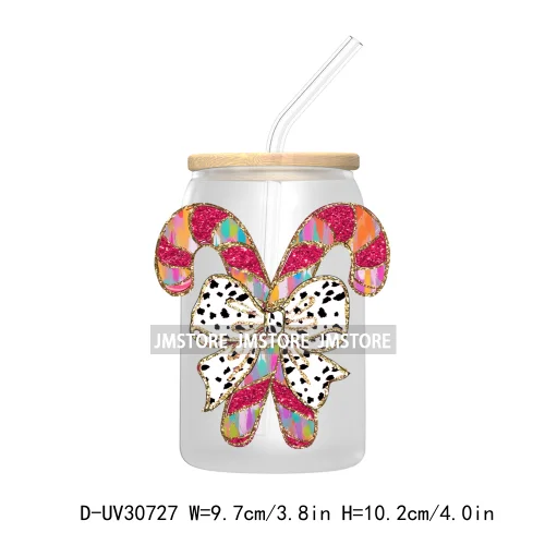 Colorful Coquette Glitter Bow Candy Cane Christmas UV DTF Transfer Stickers Decals For Libbey Cold Cups Mugs Tumbler Waterproof