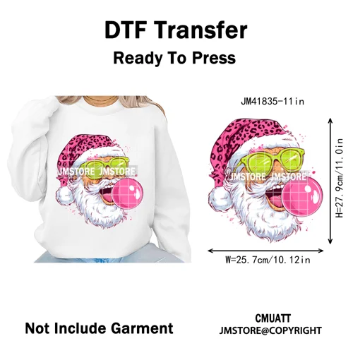 Pink Cartoon Glasses Coffee Drink Leopard Blowing Santa Claus Christmas Iron on DTF Transfer Stickers Ready to Press for T-shirt