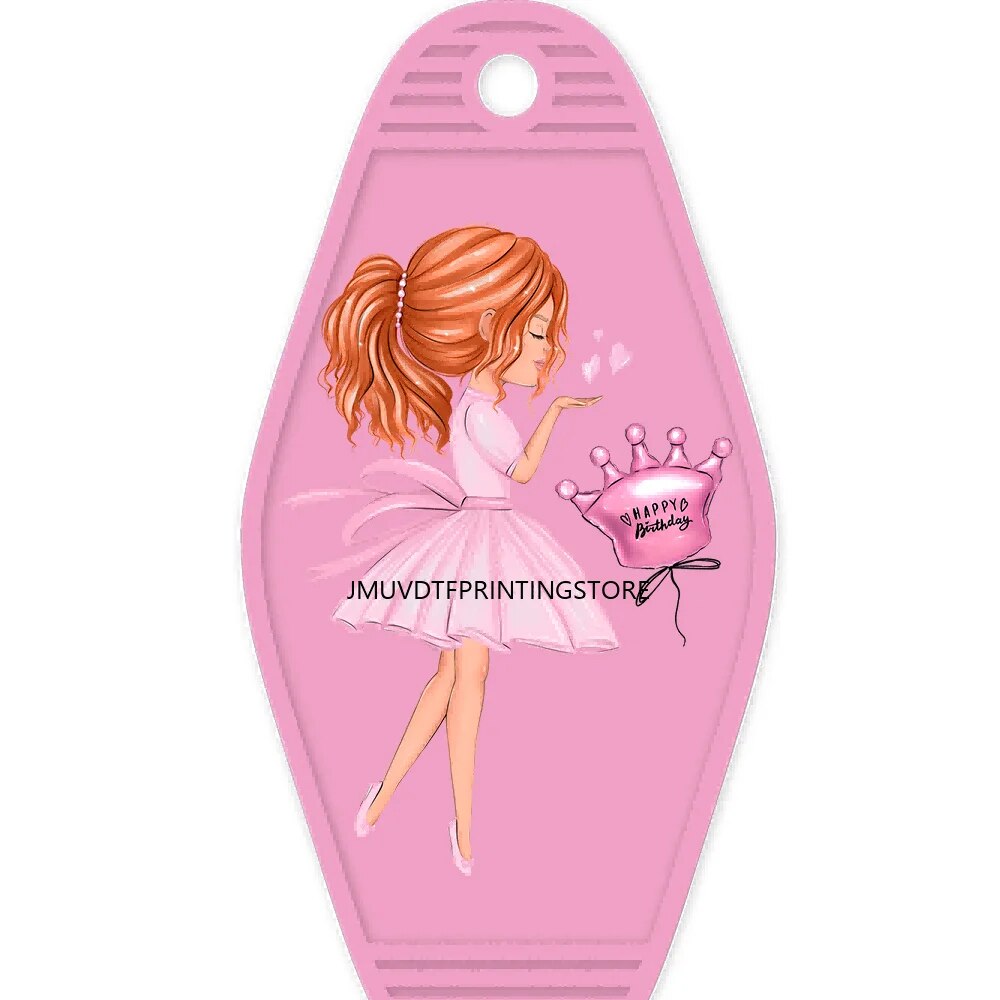 Happy Birthday Pink Girls With Coffee High Quality WaterProof UV DTF Sticker For Motel Hotel Keychian Cute Girl Kids