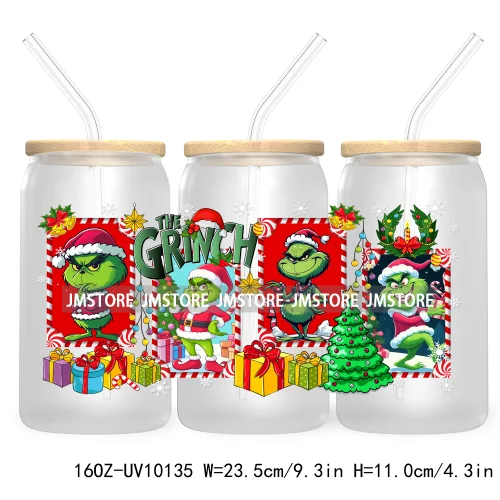 Christmas Coffee Cups Green Guy 16OZ UV Cup Wrap DTF Transfer Stickers For Libbey Glass Can Cup Tumbler Waterproof Label Cartoon