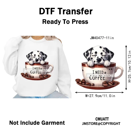 Funny Cartoon Pet Puppy Small Sleeping Cozy Coffee Dogs Lover Iron on DTF Washable Transfers Sticker Ready to Press for Clothing
