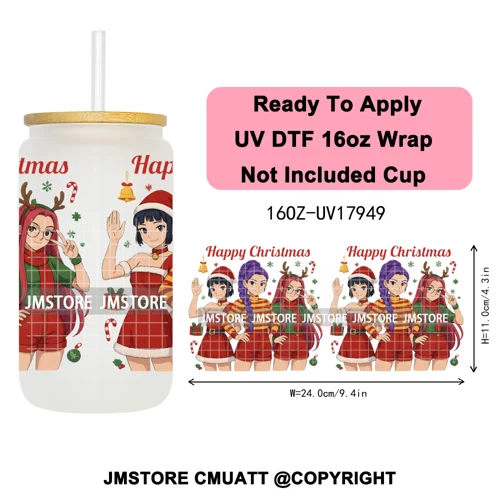 Kpop Demon Inspired Movie Christmas Santa Hat 16OZ UV DTF Cup Wrap Ready To Apply Durable Transfer Stickers For Libbey Glass Can