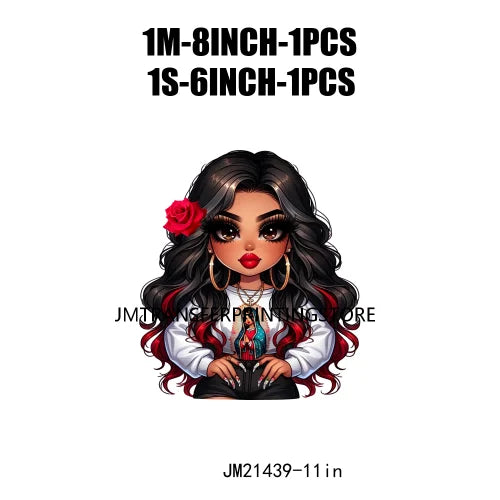 Chibi Cute Chicana Doll Guadalupe Lady Skull Latina Woman Cold Peel Decals Iron On DTF Transfers Stickers For Shirts Bags Pillow