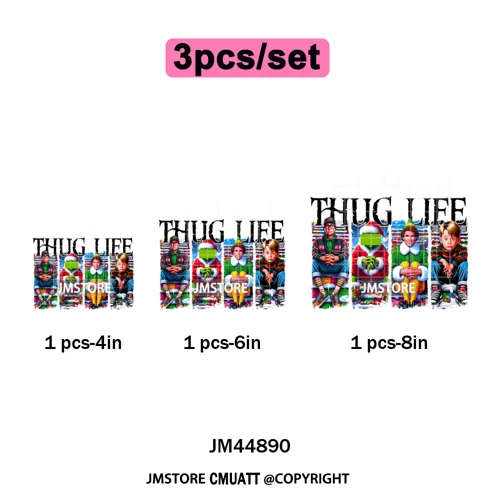 Winter Christmas Cartoon Holiday Characters Thug Life Green Iron on Washable DTF Transfers Stickers Ready to Press for Textiles