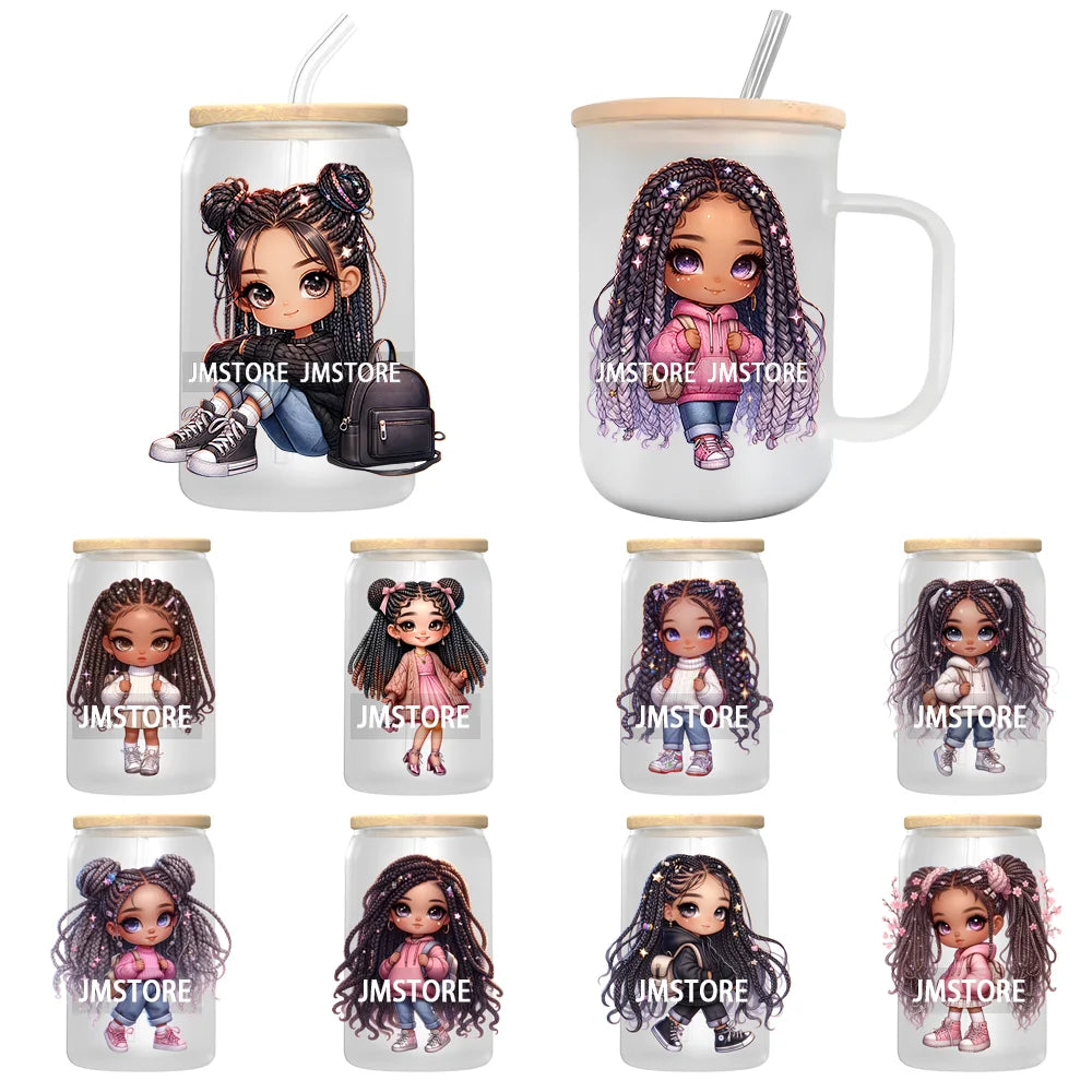 Fashion Chibi Dreadlock Girls UV DTF Transfers Stickers Decals For Libbey Cold Cups Mugs Tumbler Waterproof DIY Craft Black Girl