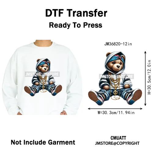 12in Hip Hop Vibes Urban Style Rich Bear With Gold Chains King Animal Iron on DTF Transfers Stickers Ready to Press for Textile