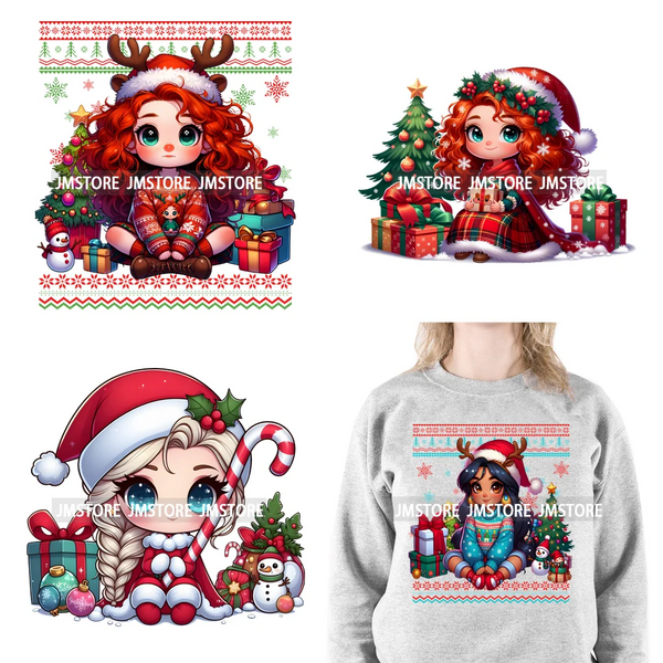 Cute Princess Red Ugly Sweater Cartoon Girls Friends Merry Christmas Iron On DTF Transfers Stickers Ready To Press For Clothing