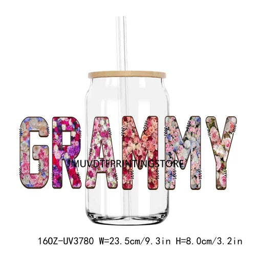 Flower Family Mama Nana UV DTF Sticker For 16OZ Libbey Glass Cup Can Wrap Transfer Sticker Custom Labels DIY Logo Dogmom