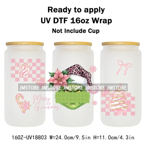 Coquette Bow Cartoon Christmas Green Guy UV DTF Cup Wrap Ready To Apply Transfer Stickers Waterproof For 16OZ Libbey Glass Can