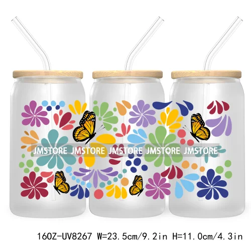 Mexican Butterfly Flowers 16OZ UV DTF Cup Wrap Transfer Sticker Custom Label Waterproof Logo For Libbey Glass Can Latina Culture