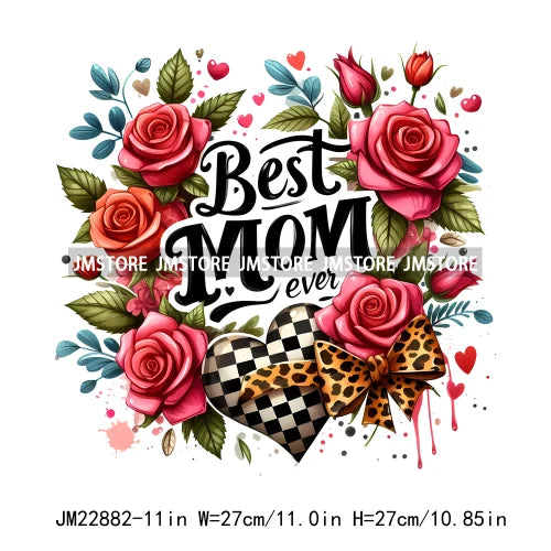 Best Mom Ever Floral Heart Iron On Logos Mother's Day Leopard Mama DTF Printing Transfer Stickers For Clothing