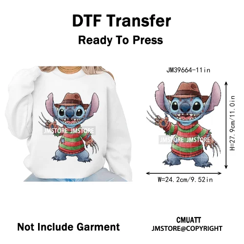 Spooky Scary Cute Cartoon Blue Animal Halloween Horror Vibes Iron on DTF Washable Transfers Stickers Ready to Press for Clothing