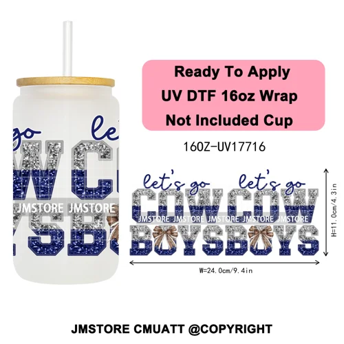 Faux Glitter American Football Game Day UV DTF Cup Wrap Ready To Apply Transfer Stickers 16OZ Tumbler Wraps For Libbey Glass Can