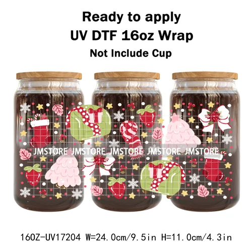 Coquette Bow Bookish Christmas Tree Gingerbread 16OZ UV DTF Cup Wraps Ready To Apply Transfer Stickers For Libbey Glass Can Mugs