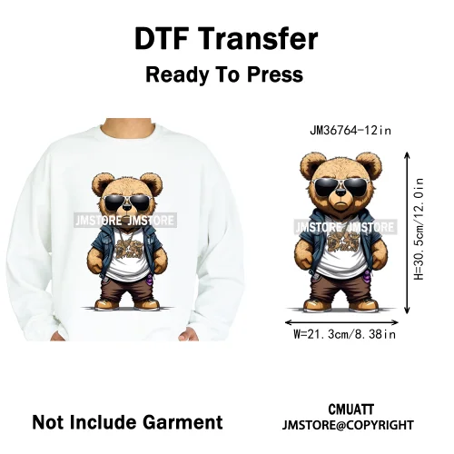 12in Cool Retro Urban Streetwear Graffiti Hip Hop Teddy Bear Iron On DTF Washable Transfers Stickers Ready to Press For Clothing
