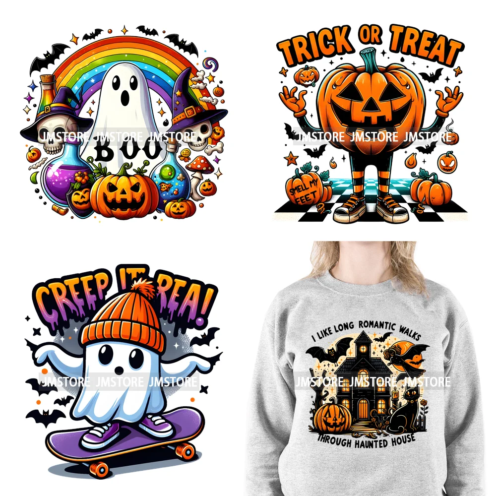 Cute Pumpkin Ghost Boo Creeep It Real Happy Halloween Spooky Witch Vibes Season Design DTF Iron On Transfer Stickers For Hoodies