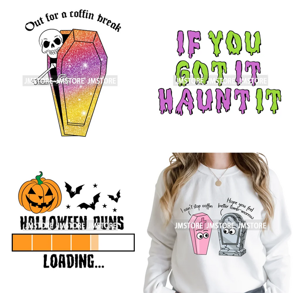 Funny Spooky Season Skelleton Coffin Break Sarcastic Halloween Puns Iron on DTF Transfer Sticker Ready to Press for Clothes Bags