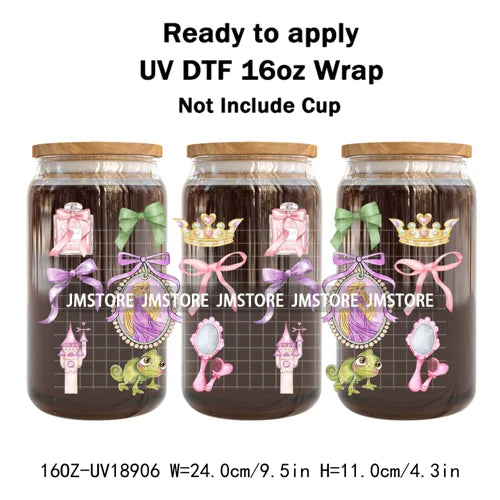 Coquette Bow Cartoon Princess Mirror UV DTF Cup Wrap Ready To Apply Transfer Stickers Waterproof Logo For 16OZ Libbey Glass Can