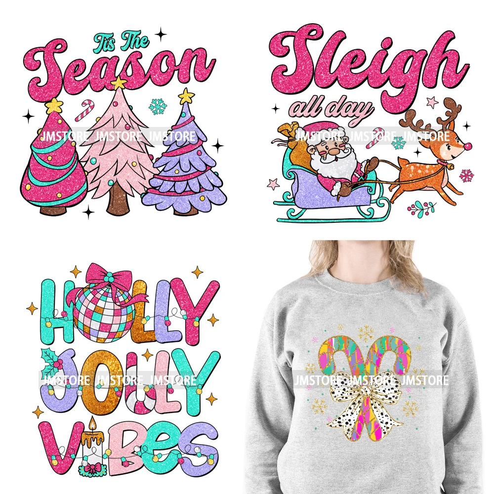 Colorful Holly Jolly Vibes Faux Glitter Christmas Santa Sleigh All Day Iron On DTF Transfers Stickers Ready To Press For Clothes