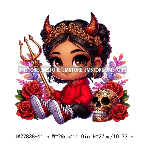 Chibi Cute Halloween Devil Latina Baby Hispanic Girls Skull Red Rose DTF Iron On Transfer Stickers Ready To Press For Sweatshirt