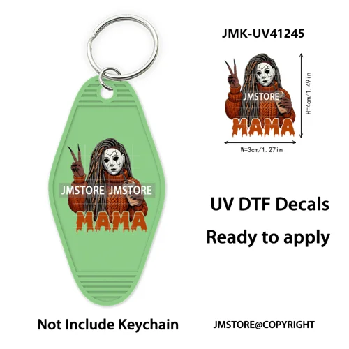 Horror Character Mama Coffee Lover UV DTF Motel Keychain Decal Ready To Ship Durable Transfer Stickers Prints For Hotel Keychain