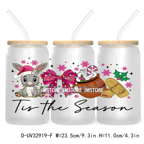 Tis The Season Christmas Tree Santa Coquette Cow 16OZ UV Cup Wrap DTF Transfer Sticker For Libbey Glass Can Cup Tumbler New Year