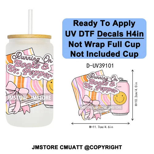 Bookish Positive Quotes Self Care UV DTF Transfer Stickers Decals Ready To Apply Waterproof For 16OZ Libbey Glass Can Tumbler