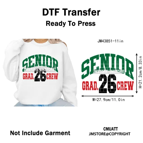 High School Senior 2026 Graduation Club Coquette Gifts Iron on Washable DTF Heat Transfers Stickers Ready to Press for Clothes
