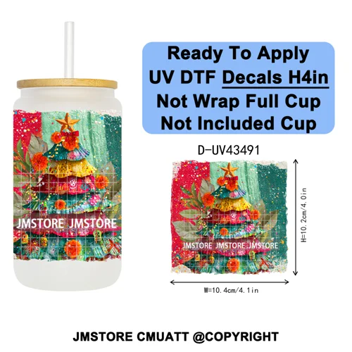 Feliz Navidad Mexican Christmas UV DTF Decals Ready To Apply Waterproof Transfer Stickers DIY Crafts For 16OZ Libbey Glass Can