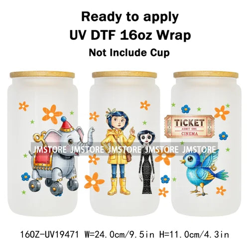 Horror Movie Witchy Girl Black Cat UV DTF Wraps Transfer Sticker Selfadhesive Waterproof High Quality For 16OZ Libbey Glass Can