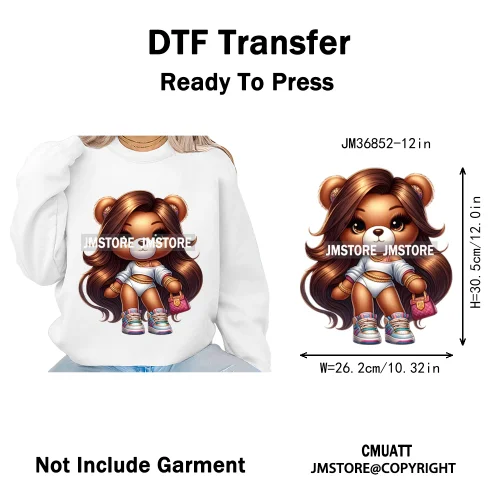 12in Girls Female Teddy Bear Duck Urban Sneakers Animal Washable Iron on DTF Transfers Stickers Ready to Press for T-shirts Bags