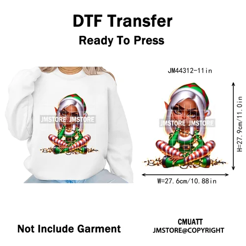Sassy Black Girl Santa Christmas Bright Gingerbread Iron on Washable DTF Heat Transfers Stickers Ready to Press for Sweatshirts