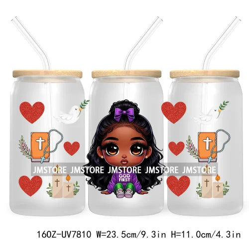 Cute Black Afro Girls 16OZ UV DTF Cup Wrap Transfer Stickers For Libbey Glass Can Cups Tumbler Waterproof Labels Christian Cross